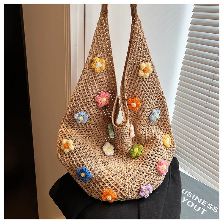 Hollow Mesh Knitted Shoulder Bag Beach Vacation Slouchy Chic Cartoon Tote Bag Lightweight Laid-Back Casual Woven Women Handbag