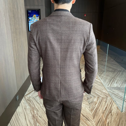 British Men’s Plaid Three-Piece Suit – Korean British Style Business Casual Blazer, Vest &amp; Trousers