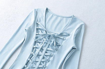 Crisluvᵀᴹ Women’s Y2K Lace-Up V-Neck Cropped Long Sleeve Top