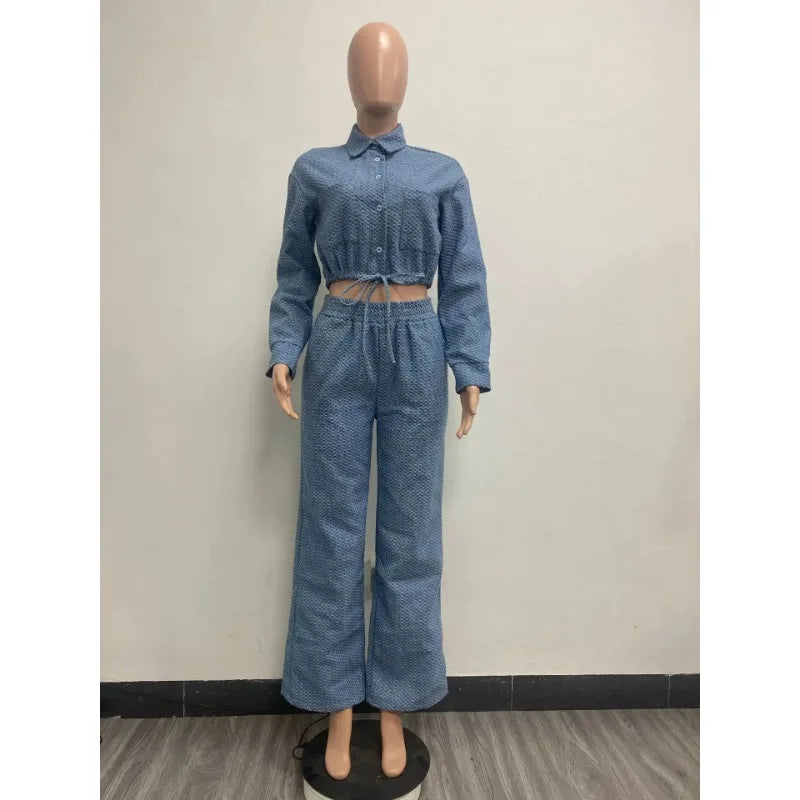 Women Denim Pant Sets Two Piece Pants Sets Sexy Turn Down Collar Full Sleeve Coats Tops Jackets Long Pants High Elastic Waist