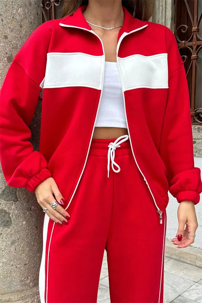 Casual High Neck Zipper Top And Straight Leg Pants Two Piece Set for women Comfortable Leisure