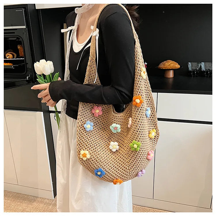 Hollow Mesh Knitted Shoulder Bag Beach Vacation Slouchy Chic Cartoon Tote Bag Lightweight Laid-Back Casual Woven Women Handbag
