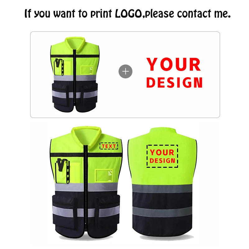 Custom LOGO Safety Vest for Men Work Vest with Pockets and Zipper Safety Construction Two Tone Workwear Vest Volunteer Uniform