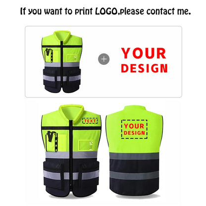 Custom LOGO Safety Vest for Men Work Vest with Pockets and Zipper Safety Construction Two Tone Workwear Vest Volunteer Uniform