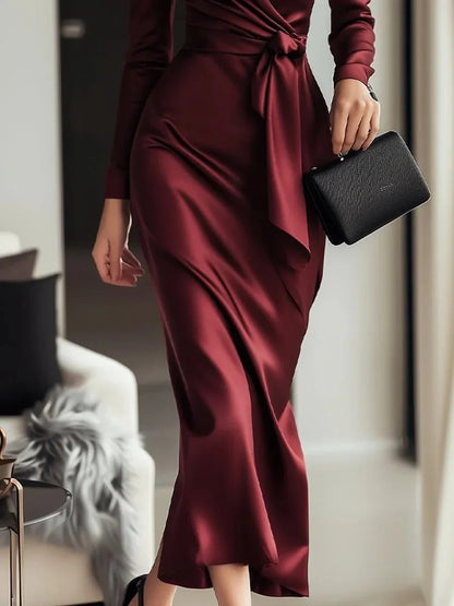 Crisluvᵀᴹ Elegant Satin V-Neck Long Sleeve Maxi Dress with Waist Belt