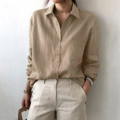Women Blouses Turn Down Collar Vintage Button Shirts Cardigan Solid Long Sleeve Shirt Outerwear Office Lady Elegant Regular