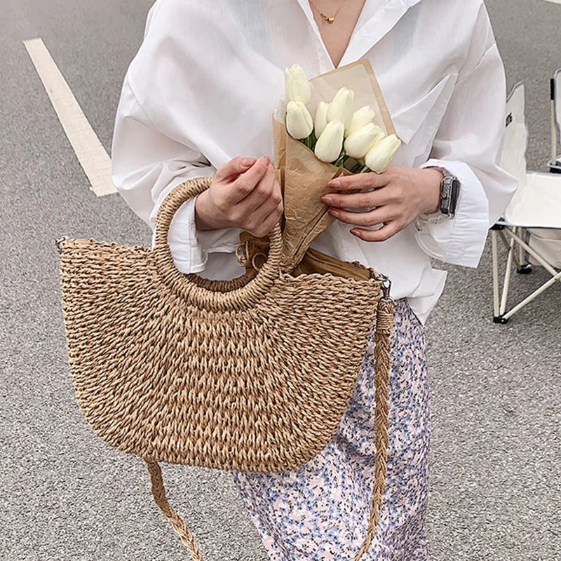 Straw Woven Handbags For Women Handmade Travel Seaside Beach Bag Summer New Handle Bucket Bag Shopping Tote Bag Basket Bolsa