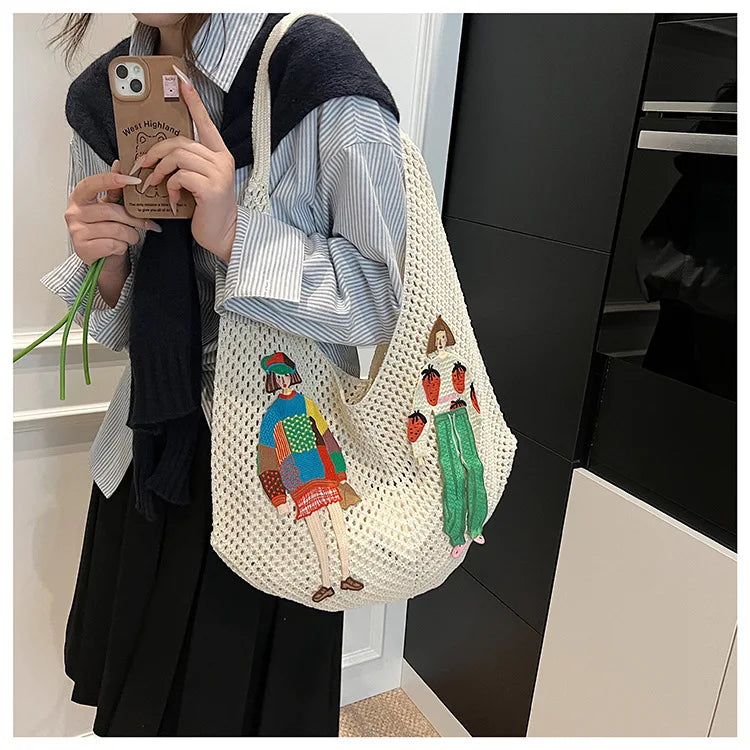 Hollow Mesh Knitted Shoulder Bag Beach Vacation Slouchy Chic Cartoon Tote Bag Lightweight Laid-Back Casual Woven Women Handbag