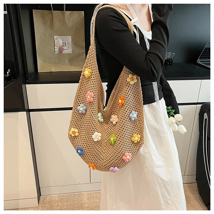 Hollow Mesh Knitted Shoulder Bag Beach Vacation Slouchy Chic Cartoon Tote Bag Lightweight Laid-Back Casual Woven Women Handbag