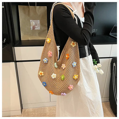 Hollow Mesh Knitted Shoulder Bag Beach Vacation Slouchy Chic Cartoon Tote Bag Lightweight Laid-Back Casual Woven Women Handbag
