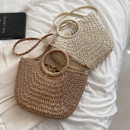 Straw Woven Handbags For Women Handmade Travel Seaside Beach Bag Summer New Handle Bucket Bag Shopping Tote Bag Basket Bolsa
